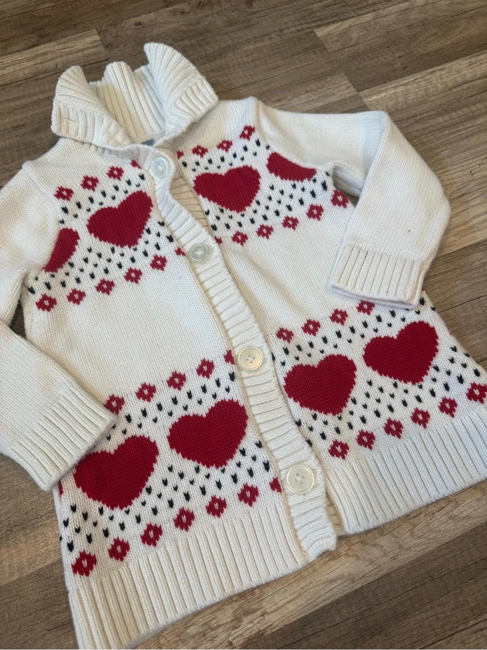 Gap Cream Cardigan Sweater with Red Heart Pattern